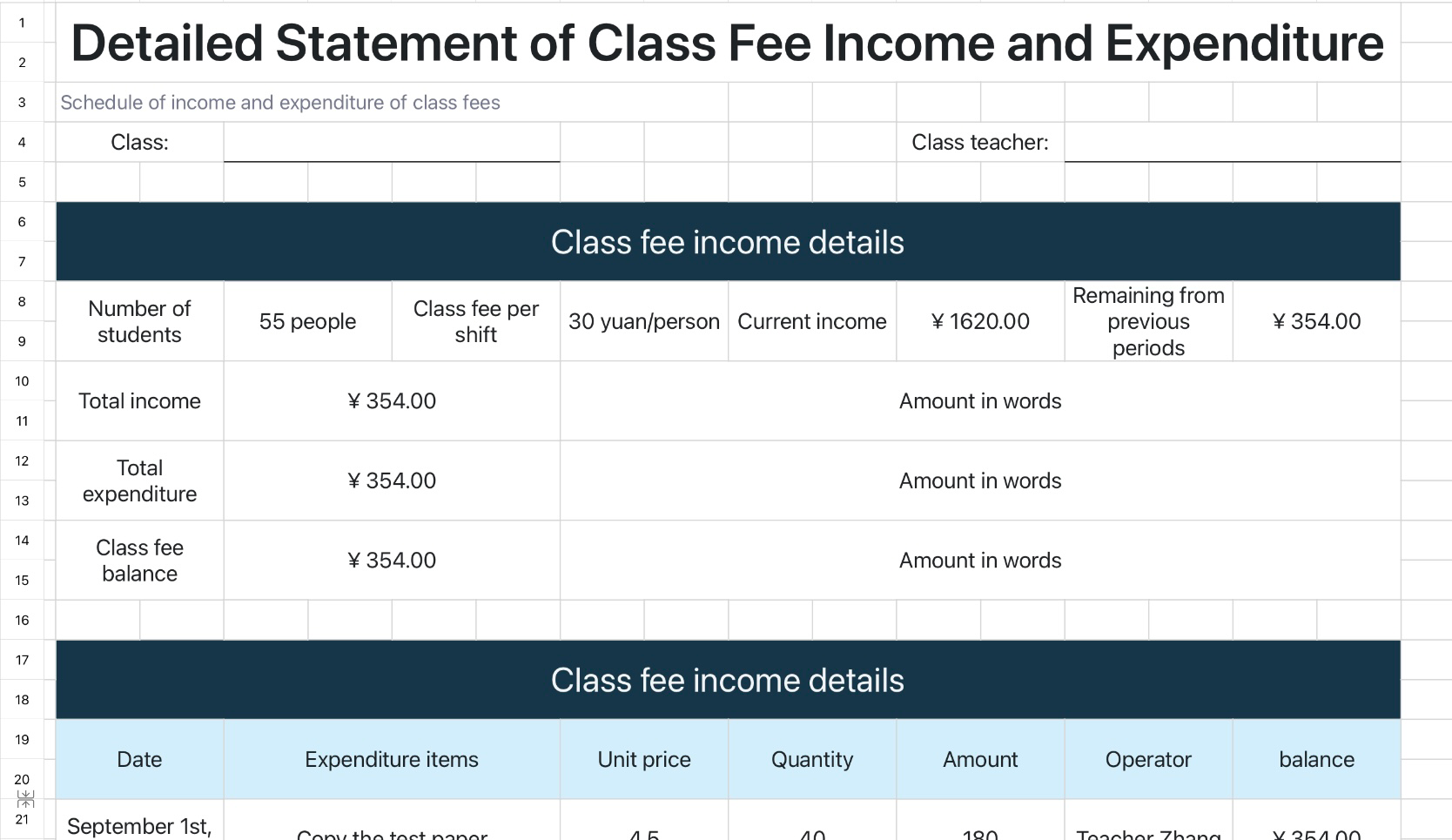 Schedule of income and expenditure of class fees 1
